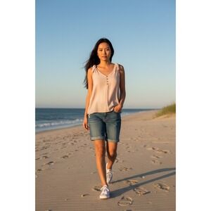Maurices Blush Pink Tie Shoulder Button V-Neck Boho Tank Top Large